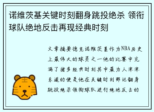 诺维茨基关键时刻翻身跳投绝杀 领衔球队绝地反击再现经典时刻