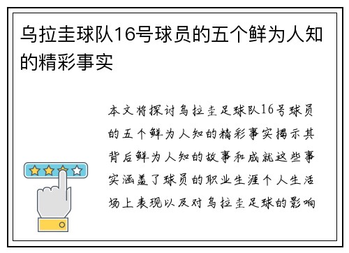 乌拉圭球队16号球员的五个鲜为人知的精彩事实