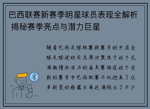 巴西联赛新赛季明星球员表现全解析 揭秘赛季亮点与潜力巨星